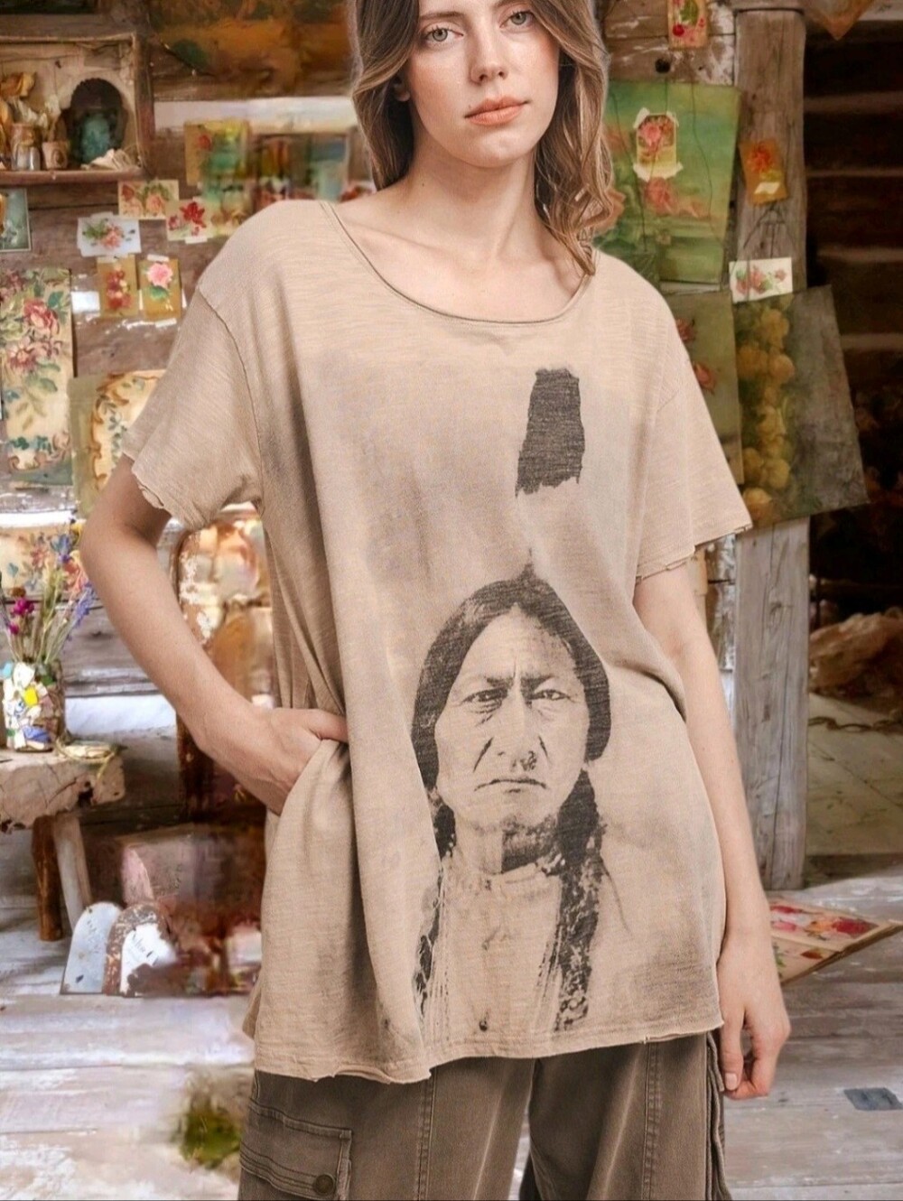 Magnolia Style Light Beige Hippie tshirt Blue Velvet Dress Tunic Top Bohemian M